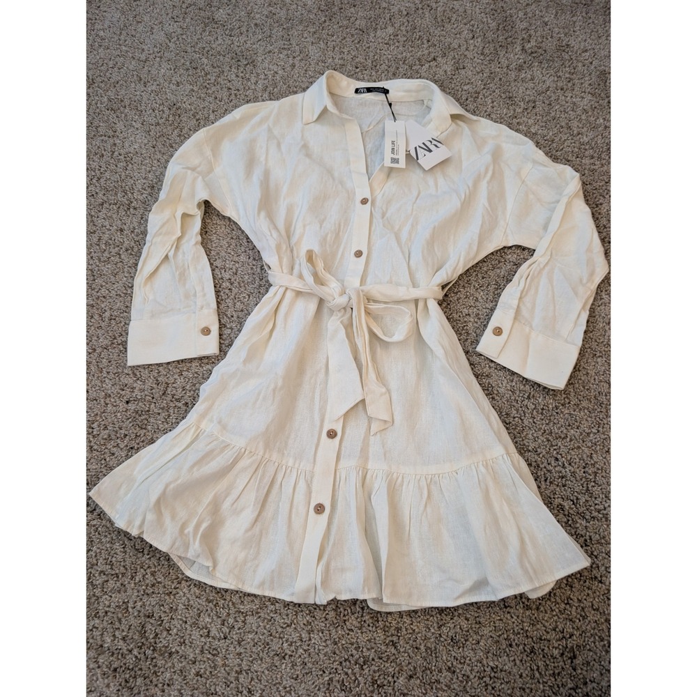 Zara Women Cream Linen Blend Button Down Shirt Dress Tiered Ruffle Hem Small NWT
